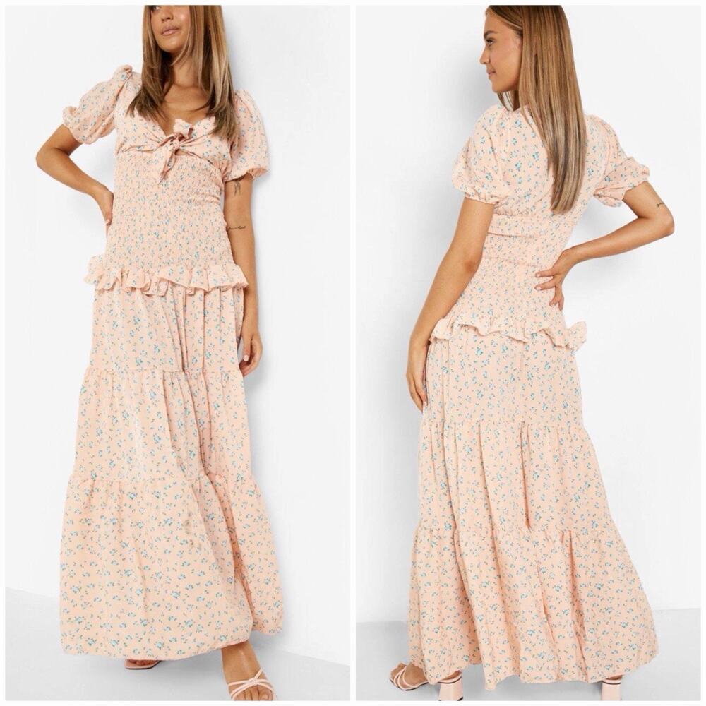 Boohoo Women’s Size 12 Peach Floral Tie Front Shirred Maxi Dress NWT